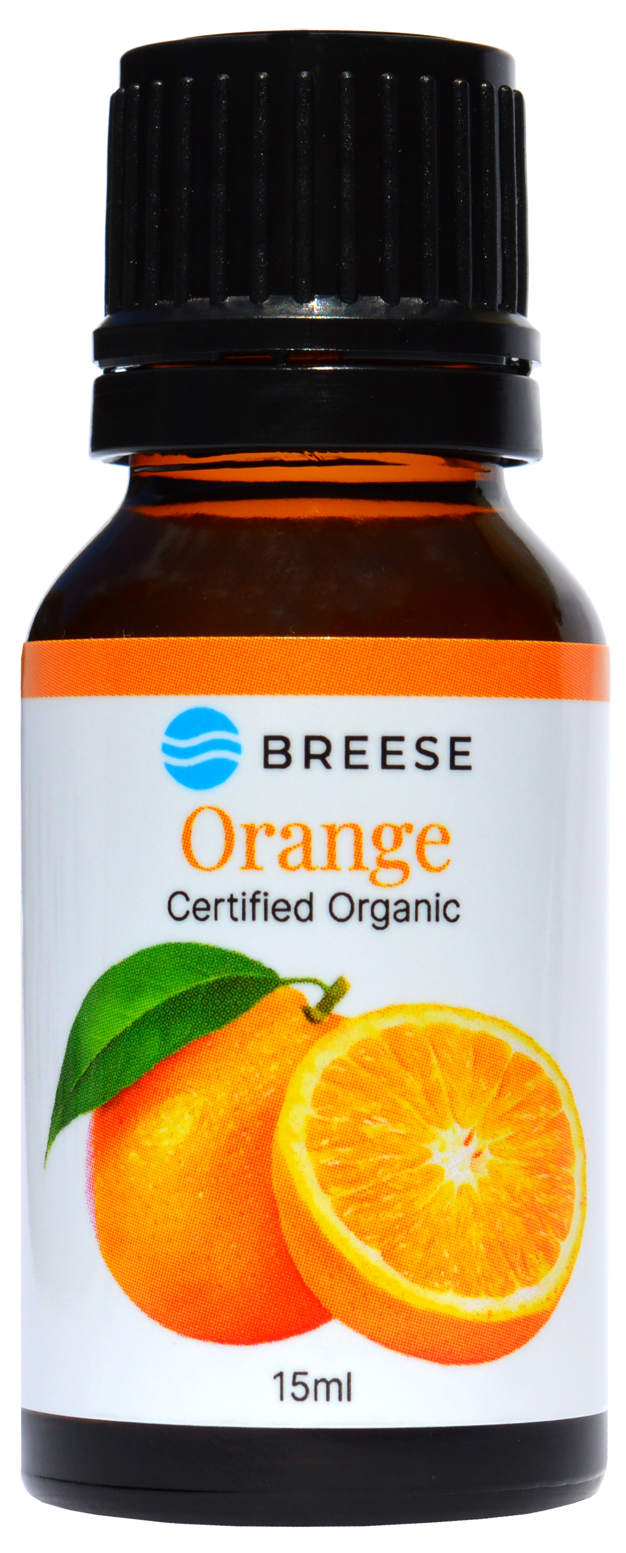 Image of Breese Essential Oils - A bottle of Breese Essential Oils brand certified organic orange essential oil, 15ml.